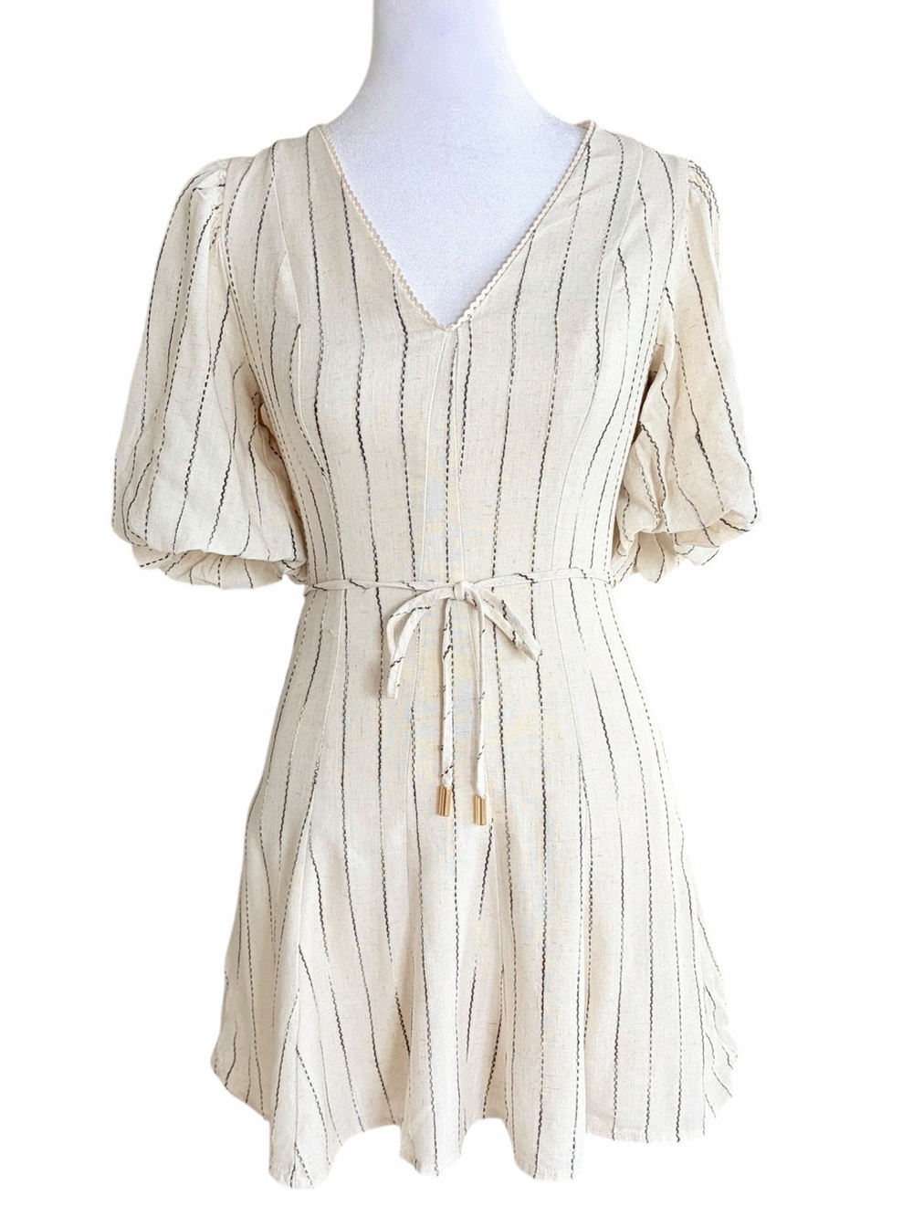 Tinsel Cream Striped V-Neck Tie-Waist Mini with Puff Sleeves